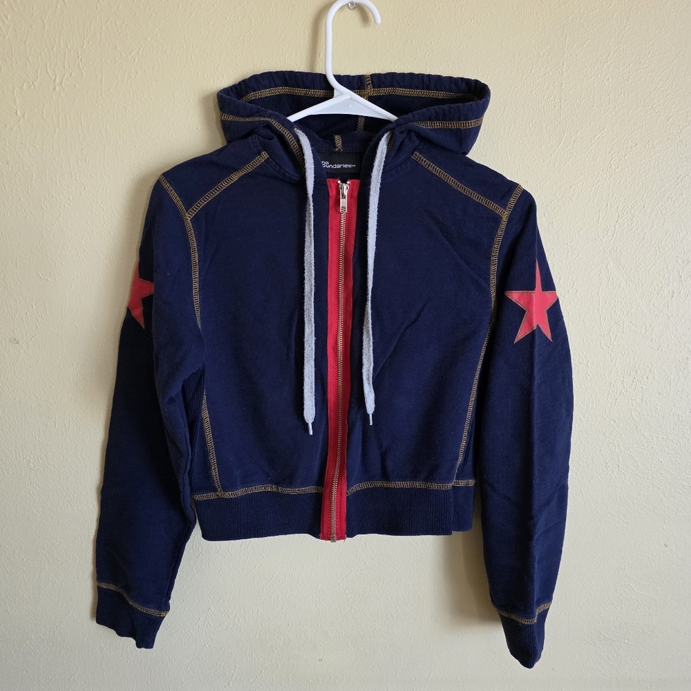 Y2K Vintage Star Zip Hoodie Grunge Cropped Navy Blue Red No Boundaries Cotton